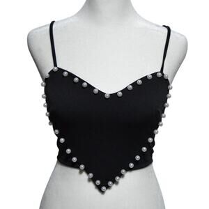 Shein Icon Pearl Trim Heart Asymmetrical Hem Camisole Top Black & White Size XS